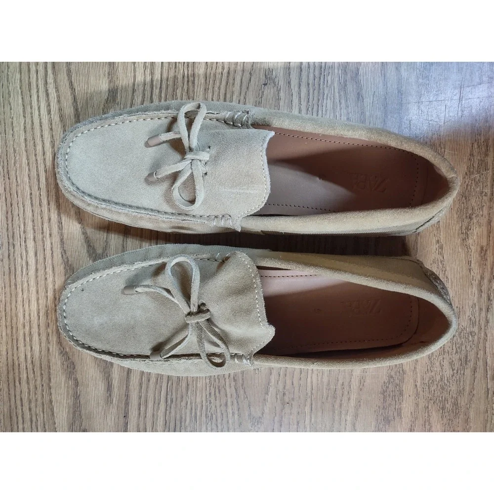 Zara Mens Tan Suede Textile Driving Loafers Bow Detail Size 41 2656/822/102